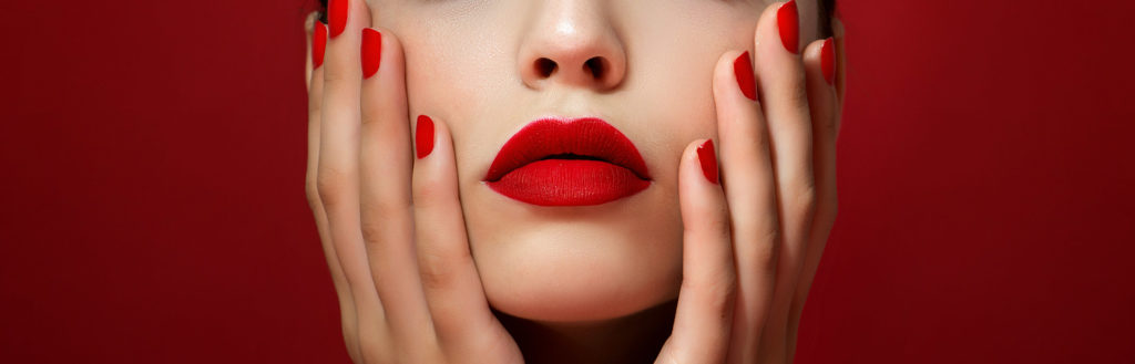 Imagem destacando o batom líquido matte nos lábios de uma mulher, sobre o fundo vermelho. 