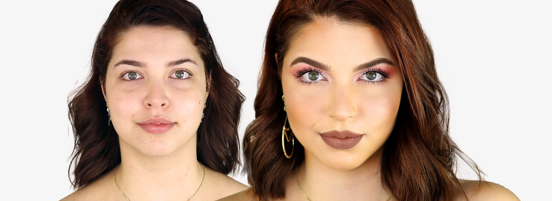 Maquiagem para o natal com o antes e depois do rosto da modelo.